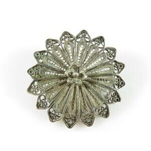 Old Sterling Silver Fancy Filigree Flower Brooch 1 1/2"